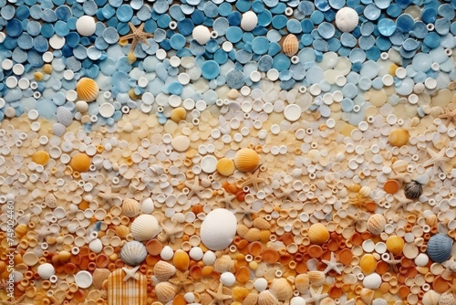 the beach racked with plastic debris, waves and surf