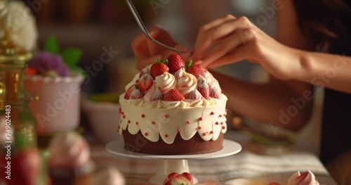 strawberry frosted cupcake with hand adornment woman preparing a birthday cake