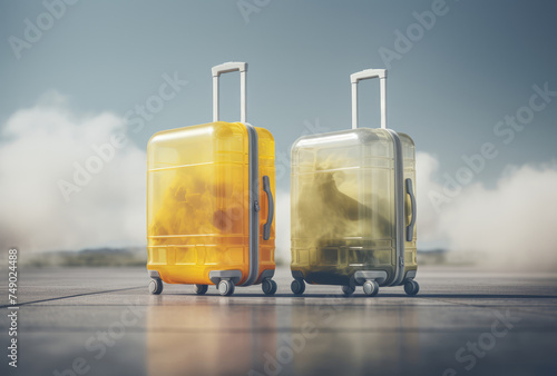 two suitcases a plane flying