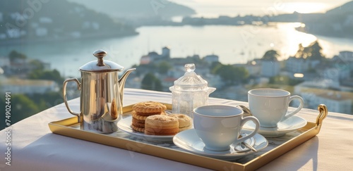 tea and cake on a tray on a bed with views