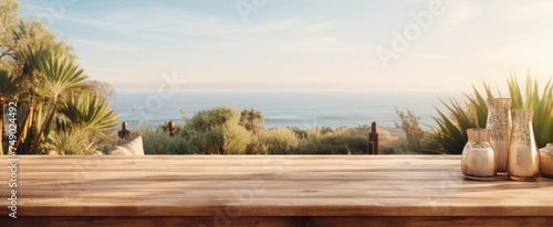 wooden table with a blurry ocean view