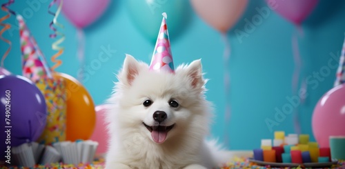 the dog has white wig and a party hat