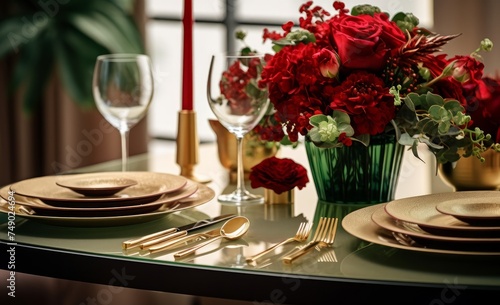 table with valentine's day style flowers and table setting