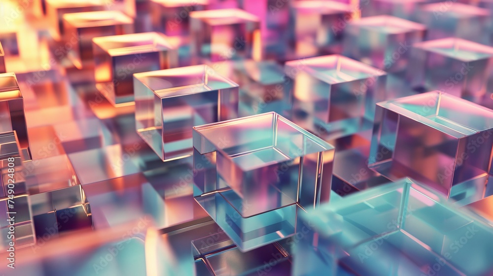 Surreal image of reflective metallic cubes illuminated by colorful lighting, creating an abstract 3D pattern Surreal image of reflective metallic cubes illuminated by colorful lighting, creating an abstract 3D pattern