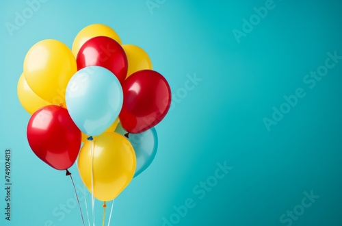 there are several colorful balloons rainbow on blue background