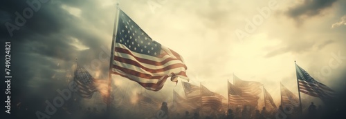 some american flags flying in the sky,