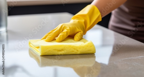 woman cleaning with yellow glove and sponge on the counter