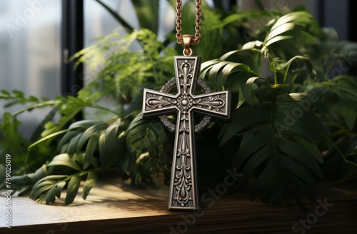 wood cross hanging on a palm leaf on abstract concrete background