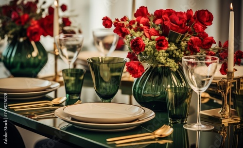 table with valentine's day style flowers and table setting