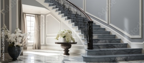 A grand foyer featuring a luxurious marble floor with a gray staircase leading to the upper level. The staircase is elegantly crafted  complementing the opulence of the marble flooring.