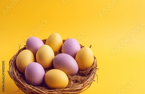 some eggs in a basket on a yellow background