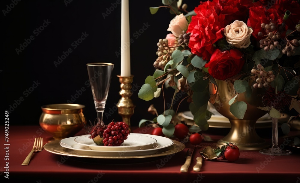 table with valentine's day style flowers and table setting