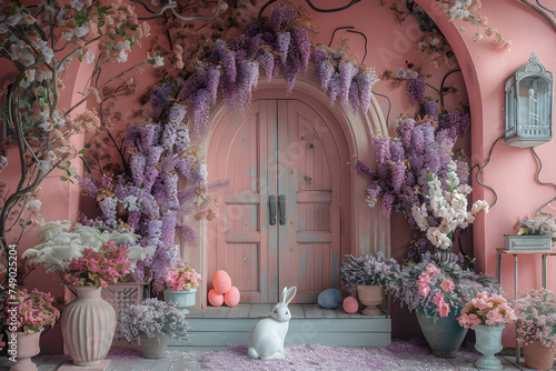 realistic photographic stile, a light coral big vintage arched wooden door in the middle of tiffany wall © Prasanth
