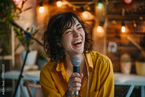 Joyful woman having fun and laughing while holding a microphone in a cafe setting
