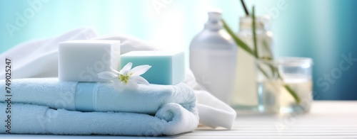 white soap and towels on a white table