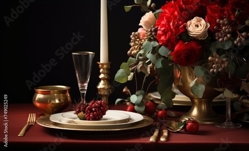 table with valentine's day style flowers and table setting