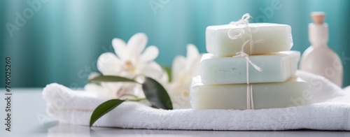 three soaps, a set of towels and a white cloth on top of each other