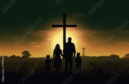 silhouette of family as they walk past a cross on the grass