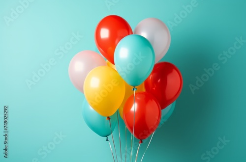 there are several colorful balloons rainbow on blue background