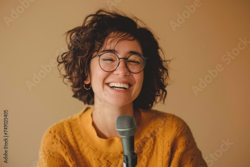 A delighted woman with curly hair, wearing yellow, laughs lightheartedly into a microphone, indicating a joyful moment in a recording setting photo