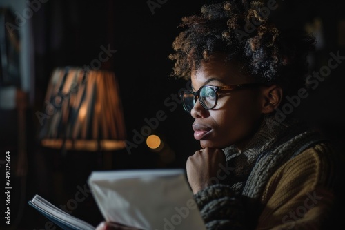 A person is engaged in reading a paper with their face covered, possibly signifying in-depth analysis or privacy in a softly lit room