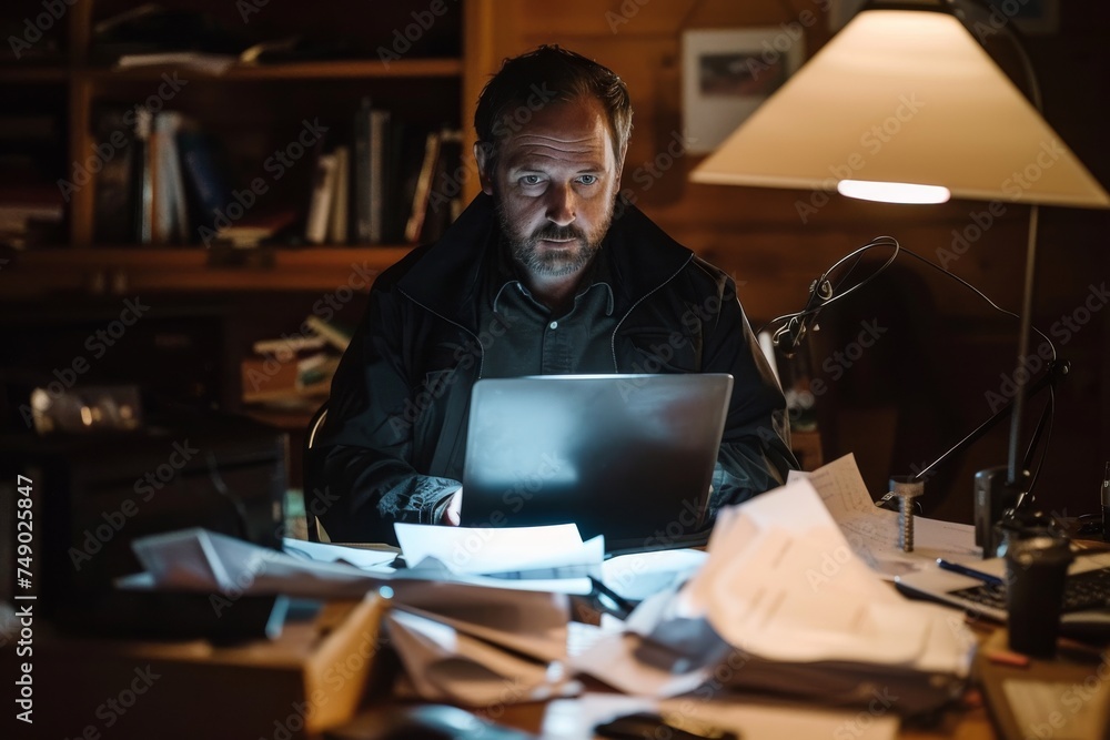 A focused man immersed in his work, surrounded by papers and a laptop, illuminated by a desk lamp in a home office at night