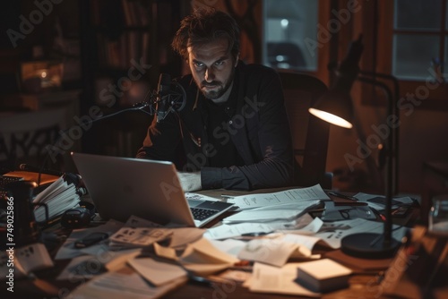 A focused man working at night surrounded by paperwork and clutter, implying a deadline or busy period