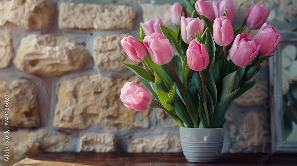 Bouquet of pink tulips in a vase on a table Bouquet of pink tulips in a vase on a table