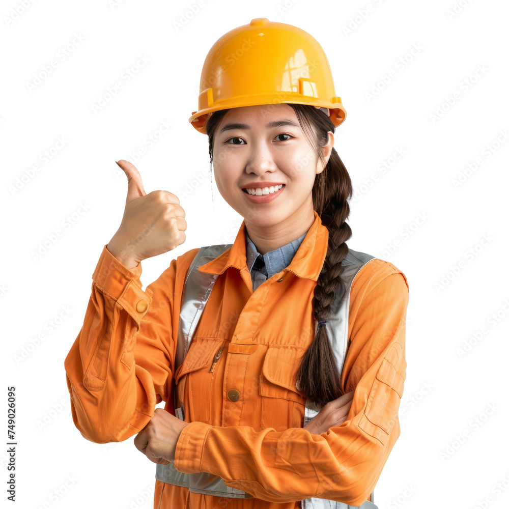 Portrait of asian female engineer, giving a thumbs up and smiling happily, waist up photo, isolated on white Portrait of asian female engineer, giving a thumbs up and smiling happily, waist up photo, isolated on white