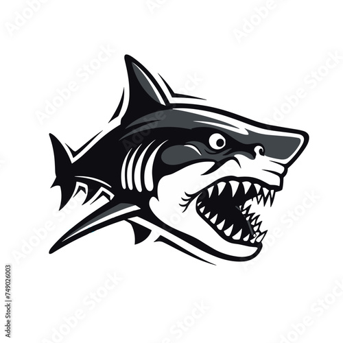 Shark head on white background. Vector illustration in black and white colors.