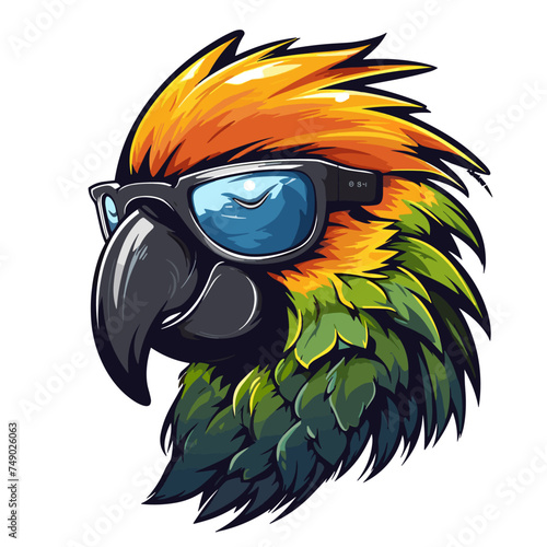 Vector illustration of parrot head with sunglasses. Isolated on white background.