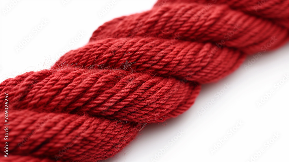 red rope isolated on white background closeup macro shot, shallow dof
