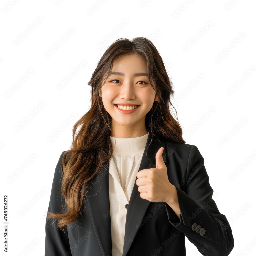Portrait of asian female business person, giving a thumbs up and smiling happily, waist up photo, isolated on white Portrait of asian female business person, giving a thumbs up and smiling happily, waist up photo, isolated on white