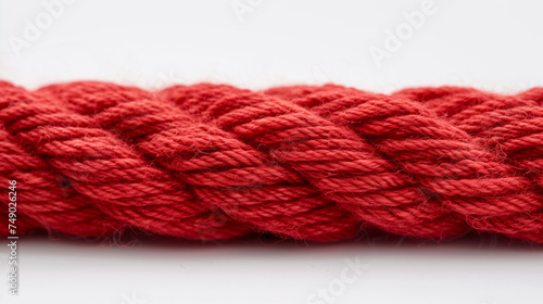 Red rope isolated on white background close up macro shot, selective focus