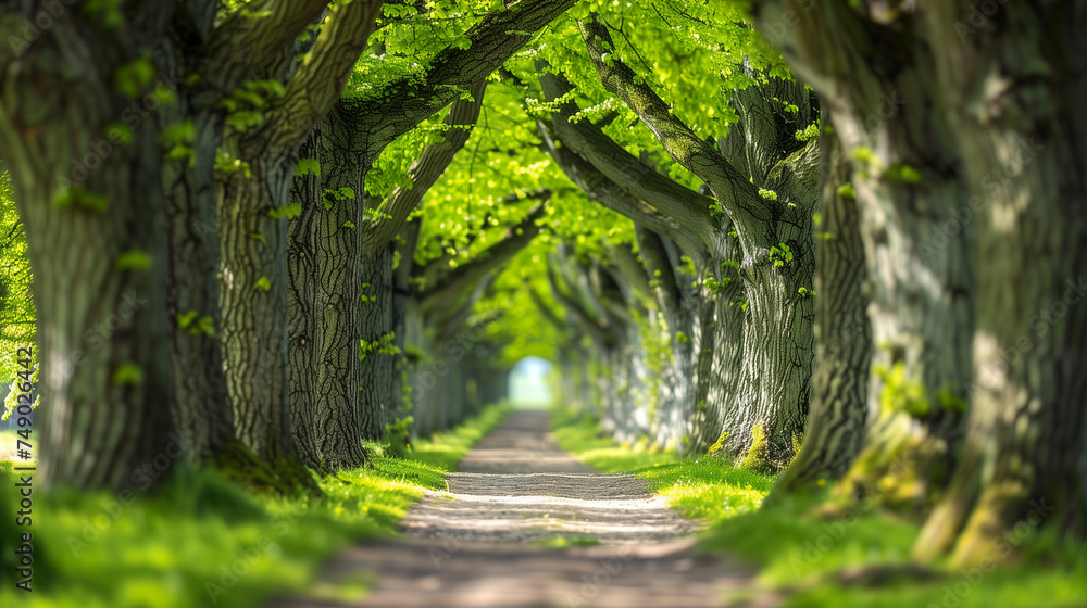 Fototapeta premium Pathway through the green alley of trees in springtime in the Netherlands