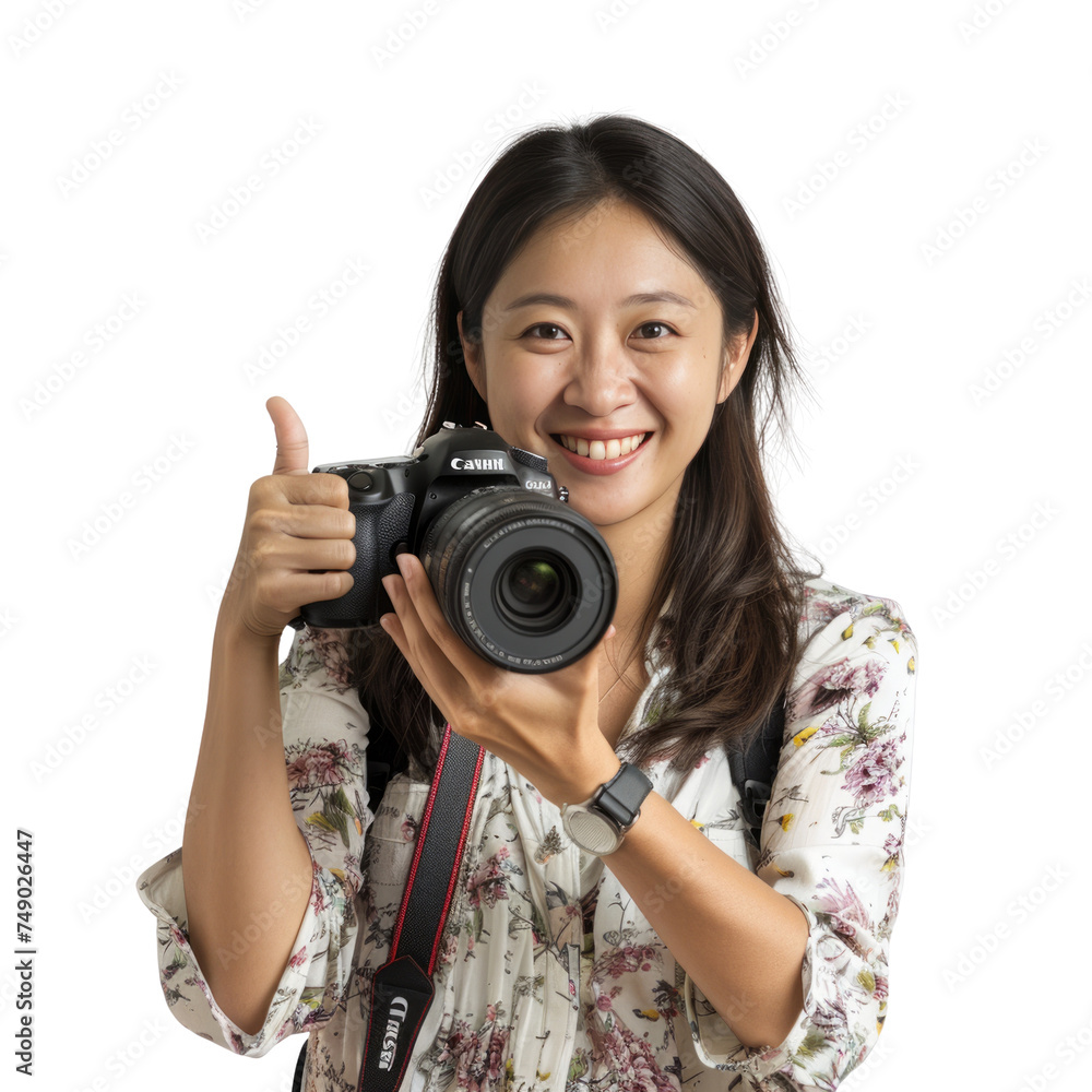 Portrait of asian female photographer, giving a thumbs up and smiling happily, waist up photo, isolated on white Portrait of asian female photographer, giving a thumbs up and smiling happily, waist up photo, isolated on white