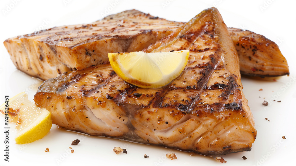 Grilled salmon fillet with lemon on a white background in a restaurant