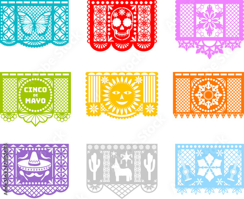 set of papel picado. collection of colorful mexican decorative flags. cinco de mayo celebration pennants