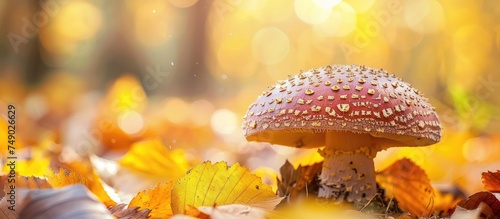 A close-up view of a Grebe mushroom perched delicately on top of a scattered pile of vibrant yellow leaves in an untamed autumn woodland setting. The macroscopic photography captures the intricate