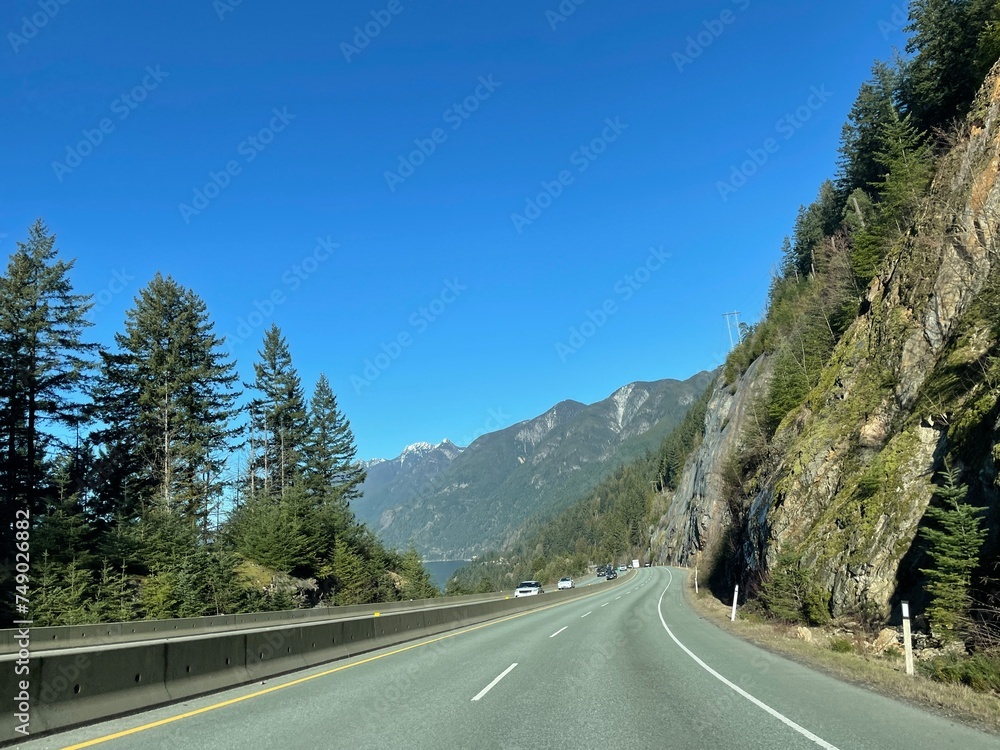 Beautiful day driving on the Sea-to-Sky Highway 99 toward Squamish in British Columbia, Canada