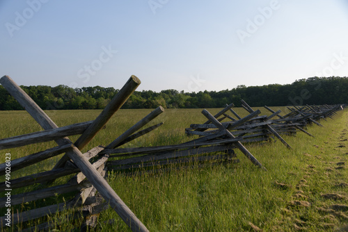Stacked wooden fence on the edge of the Gettysburg battlefield, site of the bloodiest battle of the Civil War. Pennsylvania