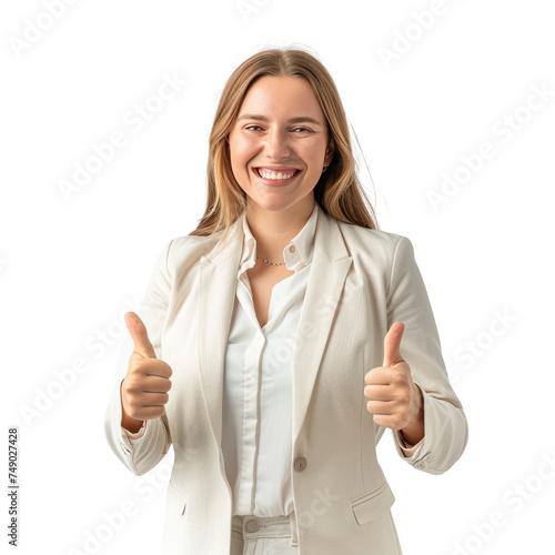 Portrait of white female business person, giving a thumbs up and smiling happily, waist up photo, isolated on white photo