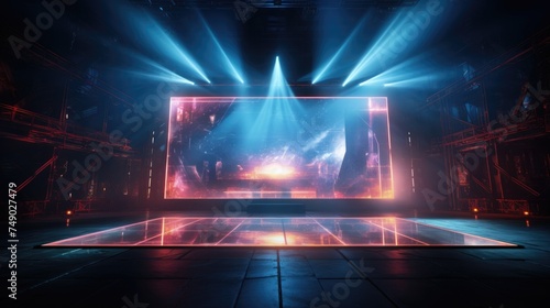 Electrifying stage: mesmerizing scenes LED panels, holographic displays, laser lights, ample copy space, dynamic banners, creating visual symphony for immersive events and cutting-edge presentations. photo
