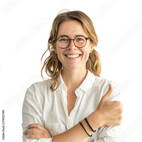 Portrait of white female teacher  giving a thumbs up and smiling happily  waist up photo  isolated on white