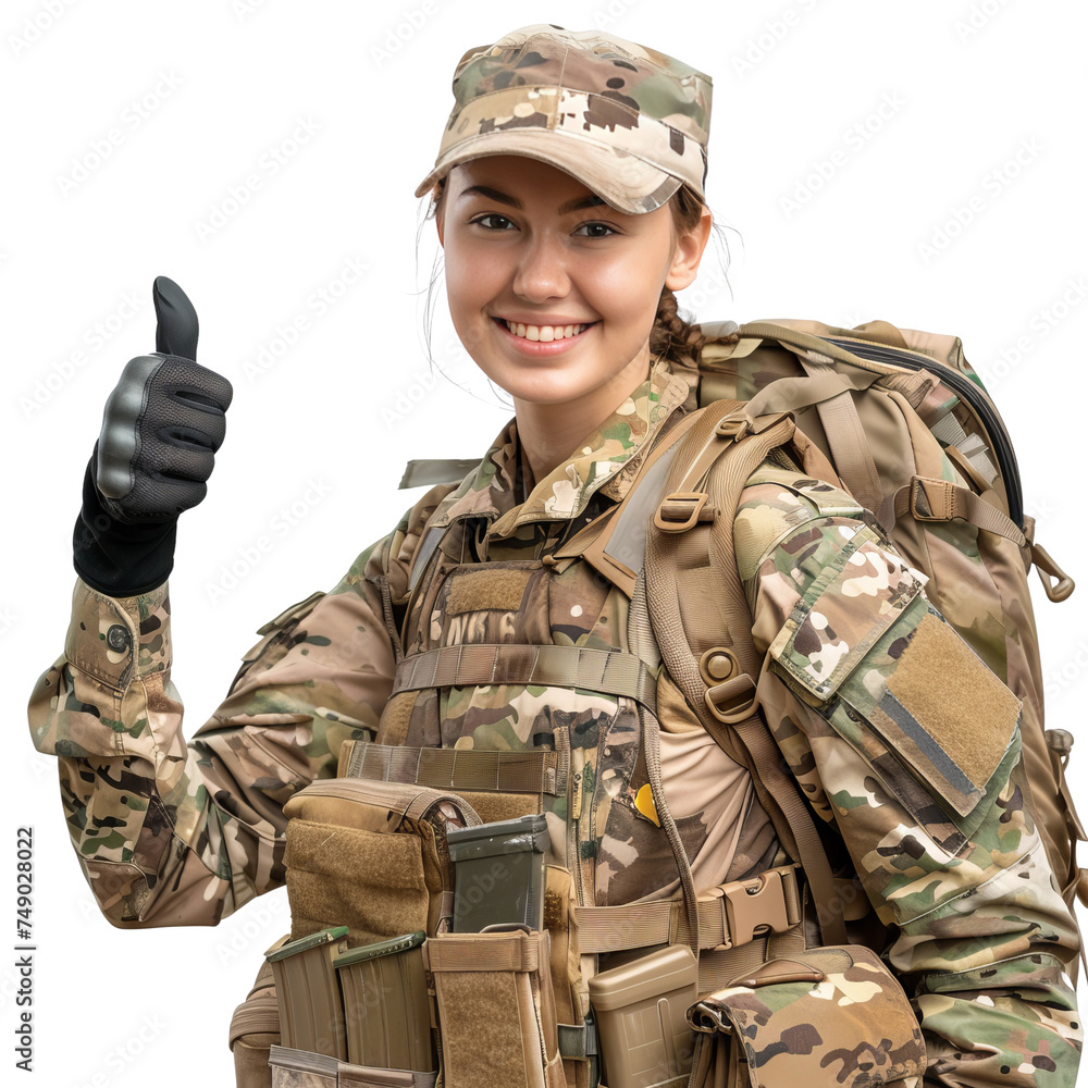 Portrait of white female soldier, giving a thumbs up and smiling happily, waist up photo, isolated on white Portrait of white female soldier, giving a thumbs up and smiling happily, waist up photo, isolated on white
