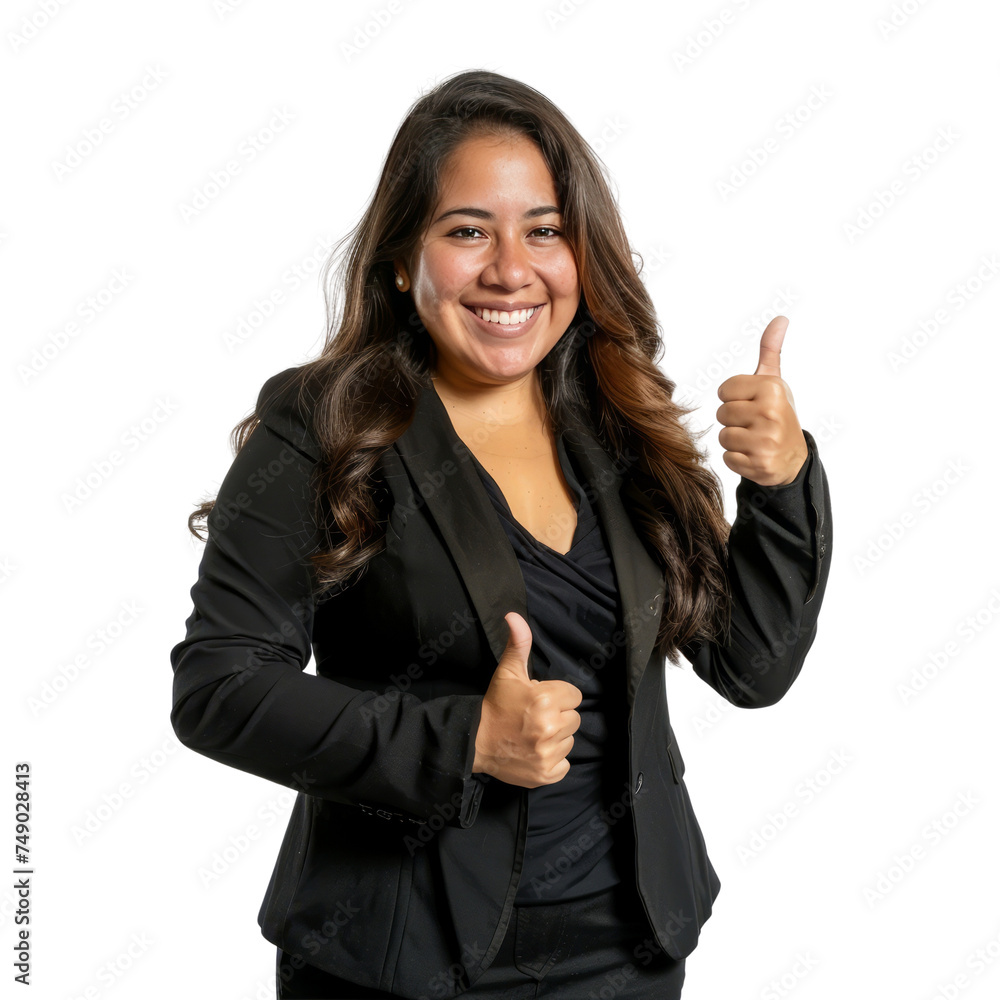 Portrait of hispanic female business person, giving a thumbs up and smiling happily, waist up photo, isolated on white Portrait of hispanic female business person, giving a thumbs up and smiling happily, waist up photo, isolated on white