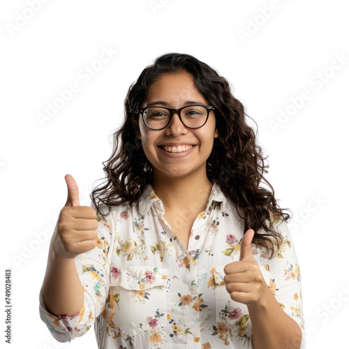 Portrait of hispanic female software developer, giving a thumbs up and smiling happily, waist up photo, isolated on white