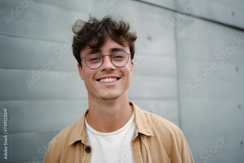 handsome young man wearing glasses smiles and looks at camera, in the style of modern urban. generative AI