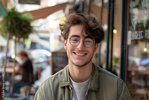 handsome young man wearing glasses smiles and looks at camera, in the style of modern urban. generative AI
