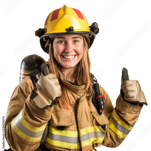 Portrait of white female firefighter, giving a thumbs up and smiling happily, waist up photo, isolated on white